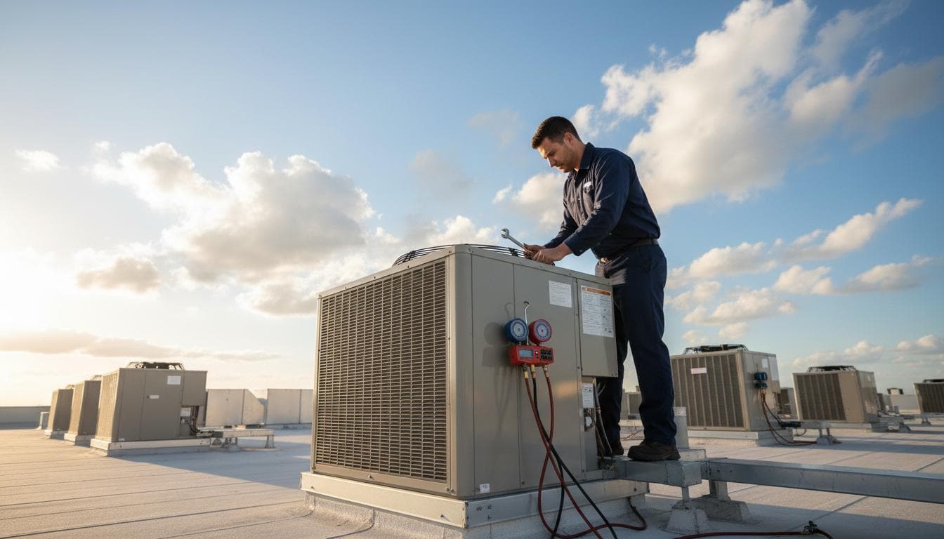 A/C Advantage technician servicing commercial rooftop HVAC on the Treasure Coast