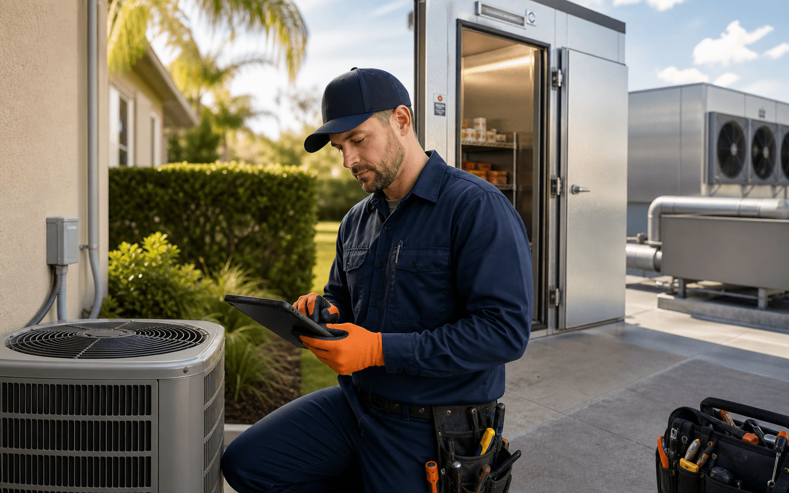 Technician reviewing HVAC and refrigeration maintenance checklist